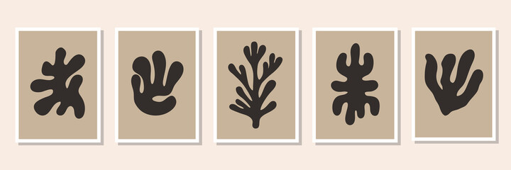 Abstract set of minimal posters with black organic geometric  shapes. Contemporary botanical vector prints  © Elena