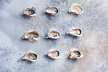 Fresh open oysters. Healthy seafood. Dinner in the restaurant. Gourmet food. Dark background. Top view