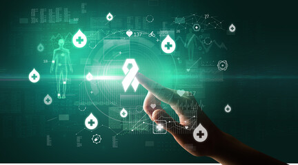 Doctor hand pressing futuristic health device with medical symbol on screen