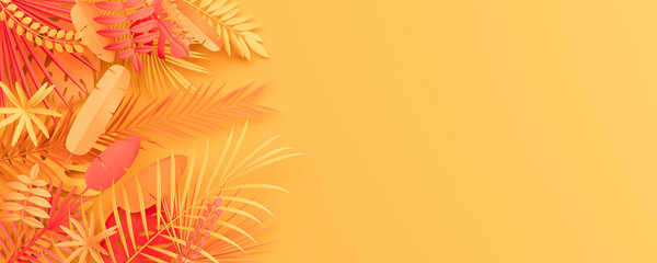 Orange background with many palm leaves with copy space 3d render 3d illustration