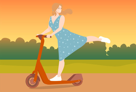 A cute blonde girl in a blue dress rides a scooter, lifts her leg and smiles. Background landscape with forest or park. Vector illustration. The concept of active rest.