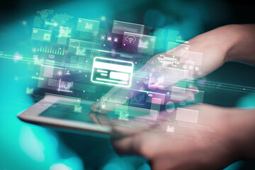 Close-up of a hand using tablet, currency concept