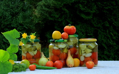 Preserves vegetables in glass jars on the table in summer garden. glass jars with various vegetables. Marinated food.Jars of pickled vegetables in the garden.