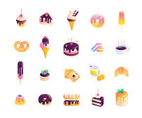 Cakes and muffins, croissant and donuts. Collection of various sweets, icons of desserts