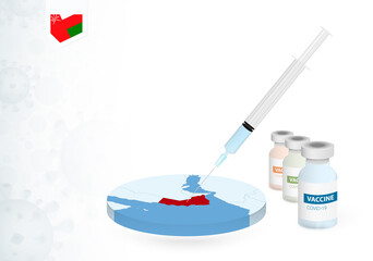 Vaccination in Oman with different type of COVID-19 vaccine. Сoncept with the vaccine injection in the map of Oman.