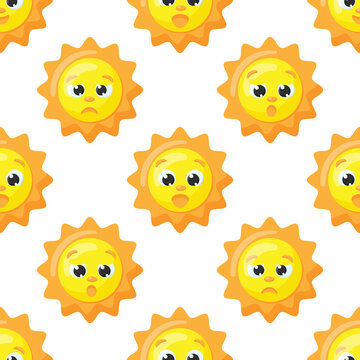 Cute vector pattern of sun characters. Funny happy suns for kids fashion, baby showers and birthdays. Bright and beautiful cartoon seamless pattern.