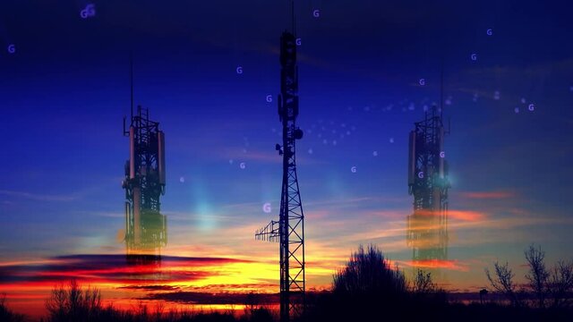 Three cellular communication towers for the 5G transmission of mobile phones and video data. . Double exposure.