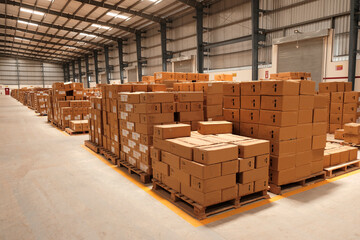 Warehouse, package shipment, freight transportation and delivery concept, cardboard boxes on pallet.