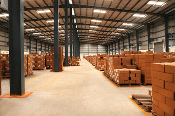 Warehouse, package shipment, freight transportation and delivery concept, cardboard boxes on pallet.