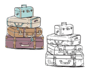 set of vintage luggage bags, vector line art. Line drawing and color illustrations.