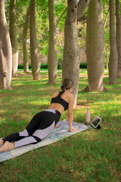 Vertical image of a young girl doing the plank pose while she is relaxing outdoors in the park. Concept of outdoor pilates.