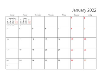 January 2022 simple calendar planner, week starts from Monday.