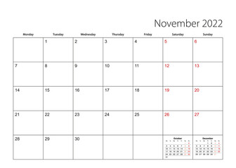 November 2022 simple calendar planner, week starts from Monday.