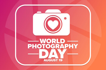 World Photography Day. August 19. Holiday concept. Template for background, banner, card, poster with text inscription. Vector EPS10 illustration.