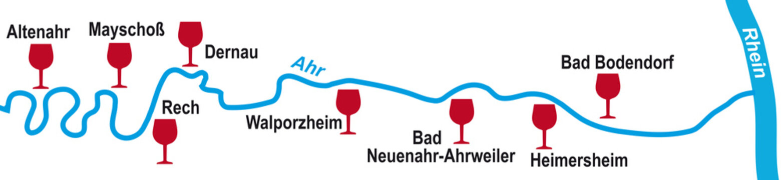 Landkarte von Altenahr bis Bad Bodendorf an der Ahr im Ahrtal vom Rotweinwanderweg