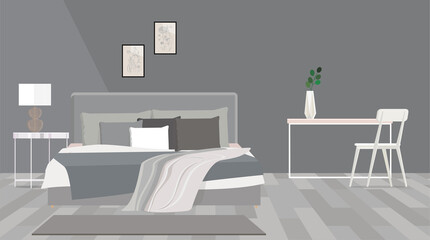 Bedroom interior design in discreet gray color with white furniture.