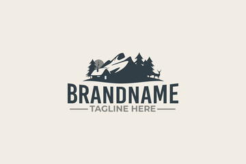 cabin logo vector graphic with pines, deer and mountain for any business especially for outdoor activity, hunting, travel and holiday, etc.
