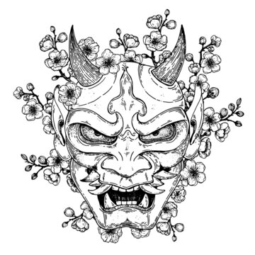 Hannya mask with sakura flowers hand drawn vector illustration. Traditional japanese demon. Tattoo print. Hand drawn sketch illustration for t-shirt print, fabric and other uses.