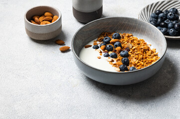 Oatmeal Granola with blueberry. Dry Breakfast. Healthy food or diet concept. Copy space. Granola with greek yogurt. Berry granola with almond