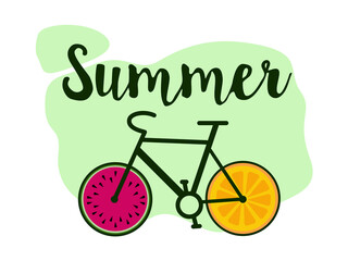 Trendy poster with lettering Summer and a bicycle with orange and watermelon wheels. Vector design. Idea for postcards, banners, textile prints