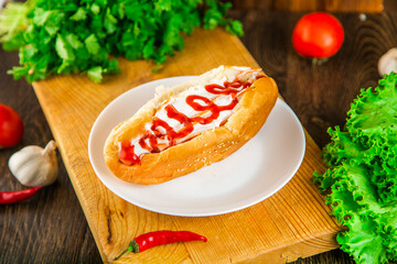 Hotdog with meat and sauce