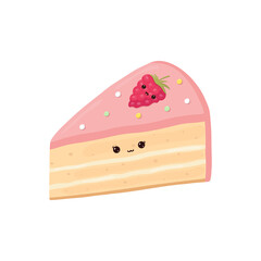 Kawaii cartoon piece of cake with cute face. Piece of cake with strawberries. Great design for any purposes. Vector illustration.