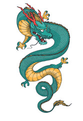 Obraz premium Chinese dragon hand drawn vector illustration. Tattoo print. Hand drawn sketch illustration for t-shirt print, fabric and other uses.