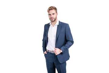 confident successful man businessman in businesslike suit and wristwatch isolated on white, boss