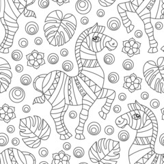 Seamless pattern with zebras, dark outline animals, flowers and leaves on a white background