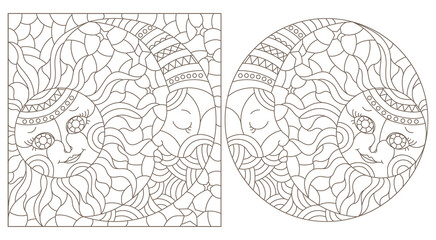 A set of contour illustrations in the style of a stained glass window with a cute sun and moon, dark contours on a white background