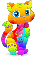An illustration in the style of a stained glass window with a cute cartoon cat, the animal is isolated on a white background