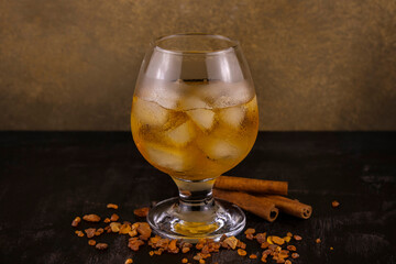 a glass of cognac with ice with a scattering of natural amber and cinnamon sticks