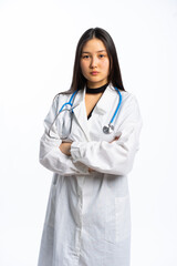 portrait of a girl in a black dress and a white medical gown with long black hair on a white background. young specialist, doctor