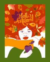 A portrait of a woman surrounded by falling autumn leaves, as a metaphor for the beauty of autumn.Drawing for a card, poster, banner, background