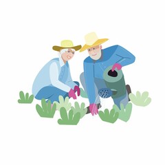 Man and woman in the garden, on the farm and in agriculture. Vector illustration of gardeners. Drawings for poster, background or postcard. People in sun hats. Plants are planted and watered.