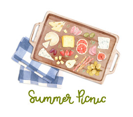 Watercolor hand painted illustration - food, snacks, cheese, sausages, fruits, vegetables on a wooden board, tray.