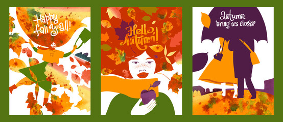 Autumn illustrations. A metaphorical image of autumn in the image of a young red-haired girl. Image of a romantic couple walking in the autumn park. Freehand drawings for a poster, banner or card 