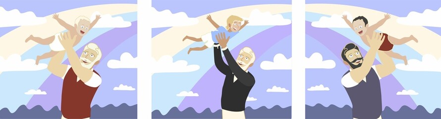 Father raised his son up. Vector illustration. Daddy's day. A set of parents and children. A strong man with a beard and mustache.