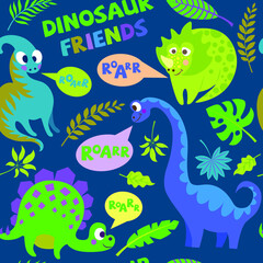 Naklejka premium Set with cartoon dinosaurs isolated on a white background. Vector illustration seamless pattern, fabric, postcard, clothing. Cute children's background