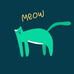 Cute green cat. Trendy style art with pet and funny lettering 'Meow'. Vector illustration isolated on dark background. Perfect for cards, posters, print