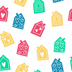 Trendy seamless pattern with original cute cartoon houses in a whimsical childlike style. Vector illustration isolated on white background. Perfect for baby kid fabric print