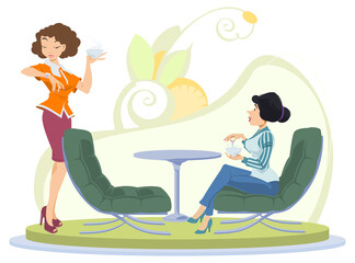 Two girls drink tea and coffee break at work. Illustration for internet and mobile website.