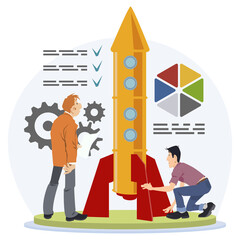 Startup employees teamwork. Human scenes with spaceship for launching new business. Illustration for internet and mobile website.
