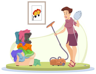 Girl is cleaning apartment. Woman is vacuuming floor. Illustration for internet and mobile website.