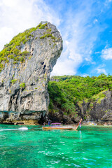 Fototapeta na wymiar Nui Beach in paradise Bay - Koh Phi Phi Don Island at Krabi, Thailand - Tropical travel destination