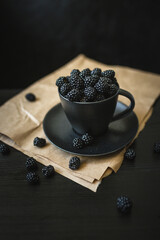 blackberries, fresh berries, black background, vegetarian food