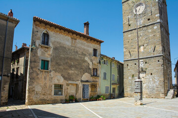 Trg Sv Servula square in the historic medieval village of Buje in Istria, Croatia. The square is...