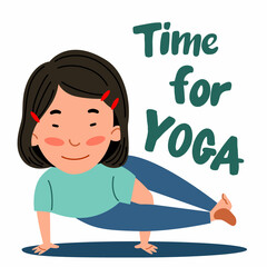 An Asian girl is standing on two hands, holding a balance. The child is engaged in sports. Time for yoga. Vector illustration in a flat style on a white background.