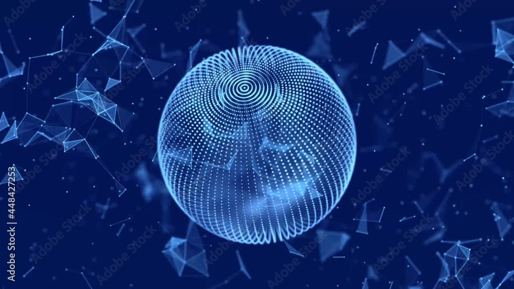 Poster abstract 3d sphere. mesh with dots and lines motion. concept of network, internet communication. 3d 