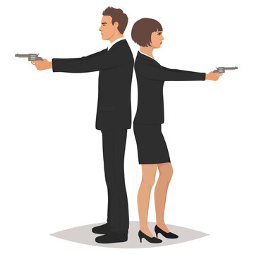 Secret Service Agents Standing Back To Back With Guns, Vector illustration